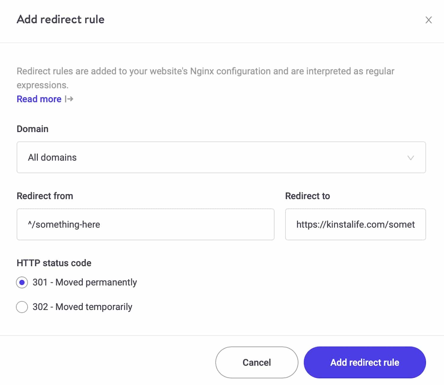 The new redirects tool in the MyKinsta dashboard.