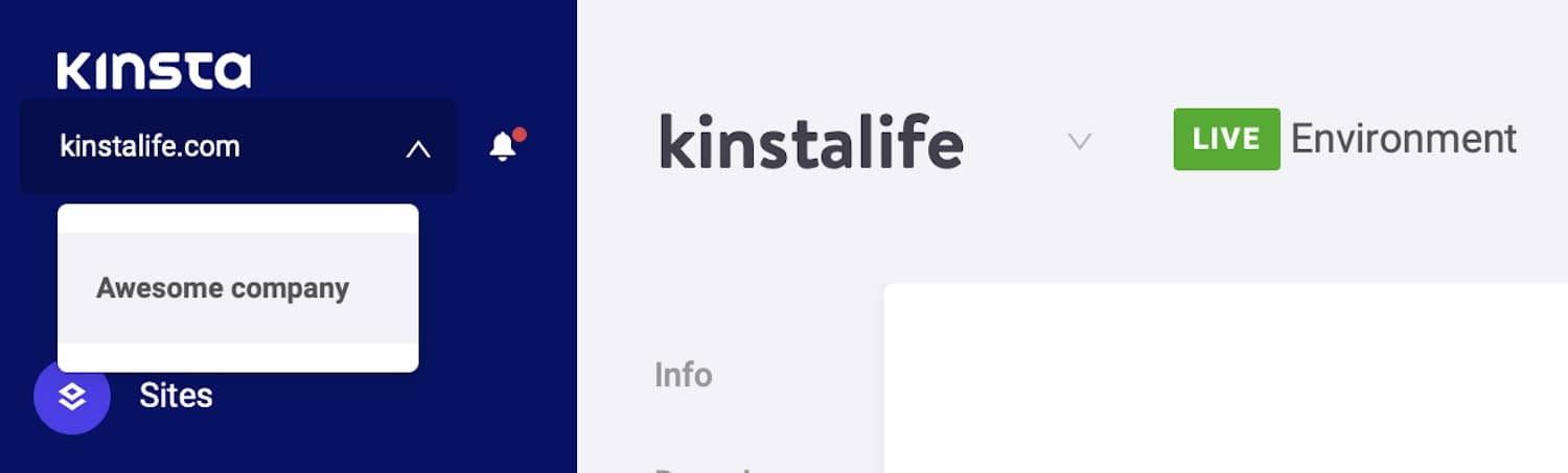 Search by site name and domain name in MyKinsta.