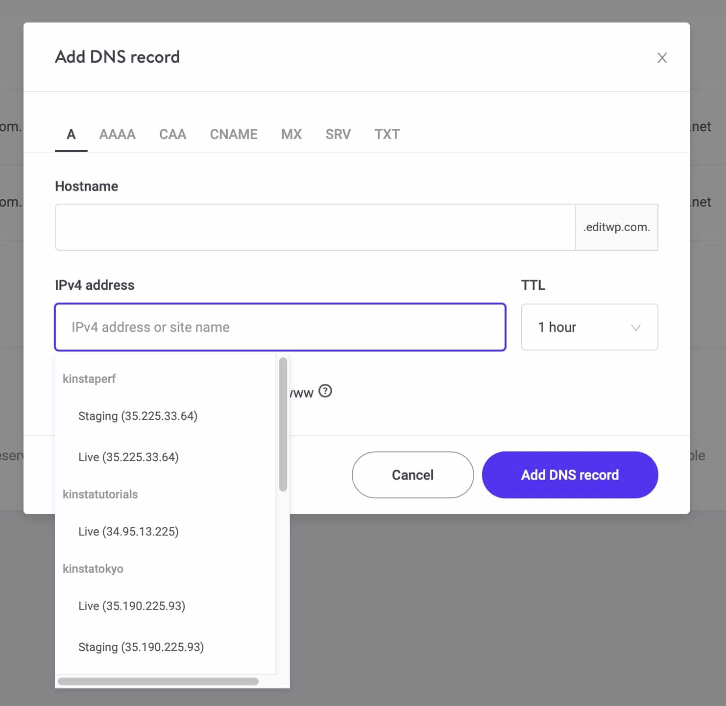 The new IPv4 address search and autofill functionality makes it easy to find your site's IP address.