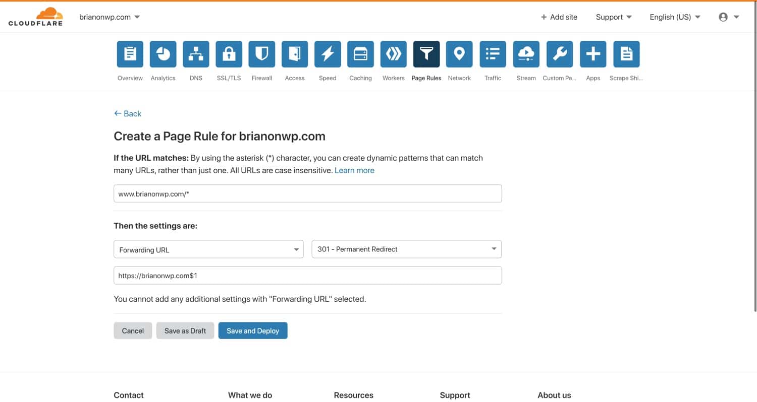 Regra da página de encaminhamento de URL Cloudflare.