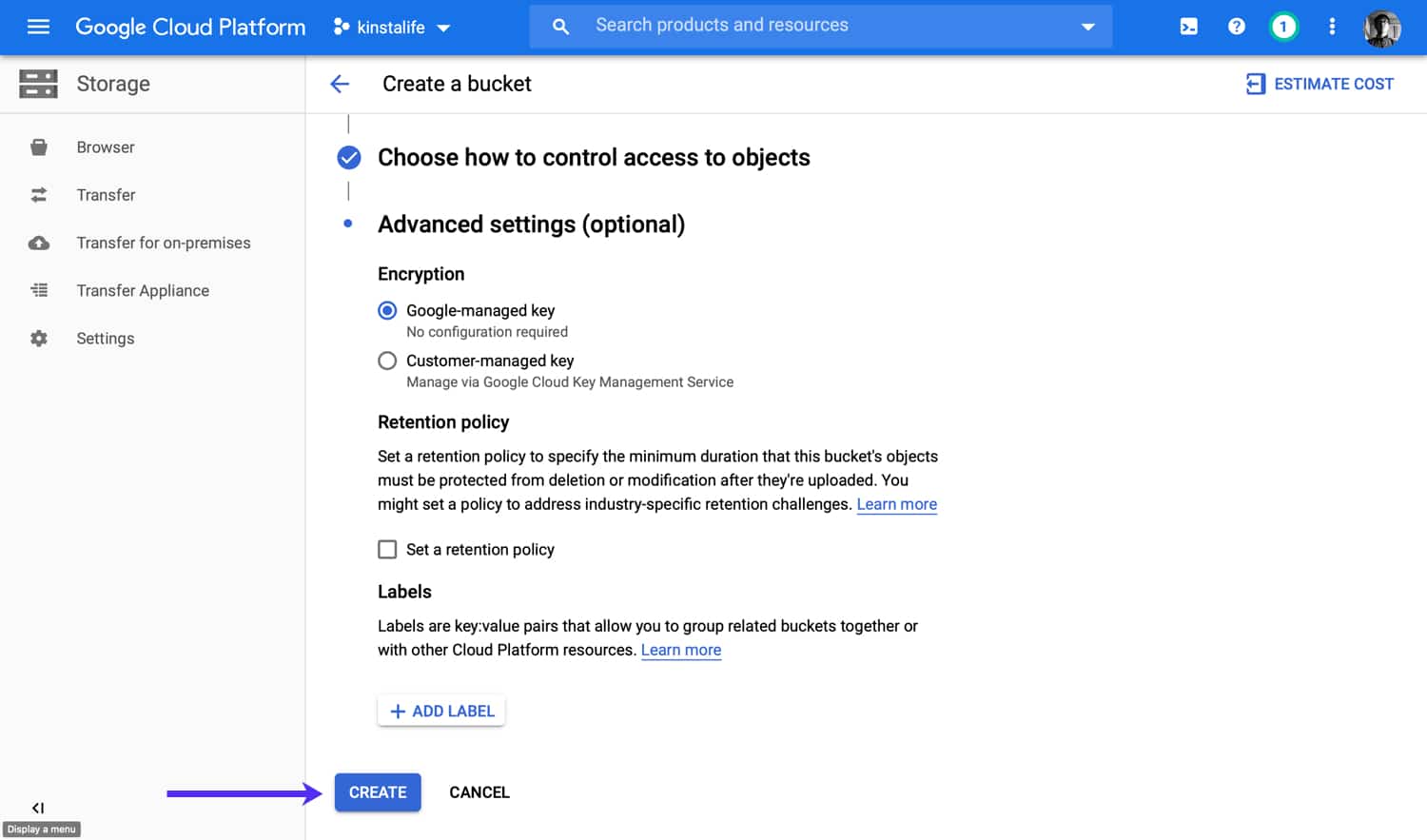 Create your Google Cloud Storage bucket Erstelle deinen Google Cloud Storage Bucket.