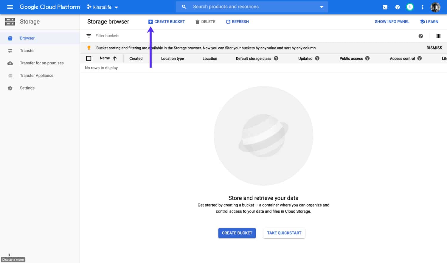 Click on Create Bucket in Google Cloud Storage Klicke auf Bucket erstellen in Google Cloud Storage.