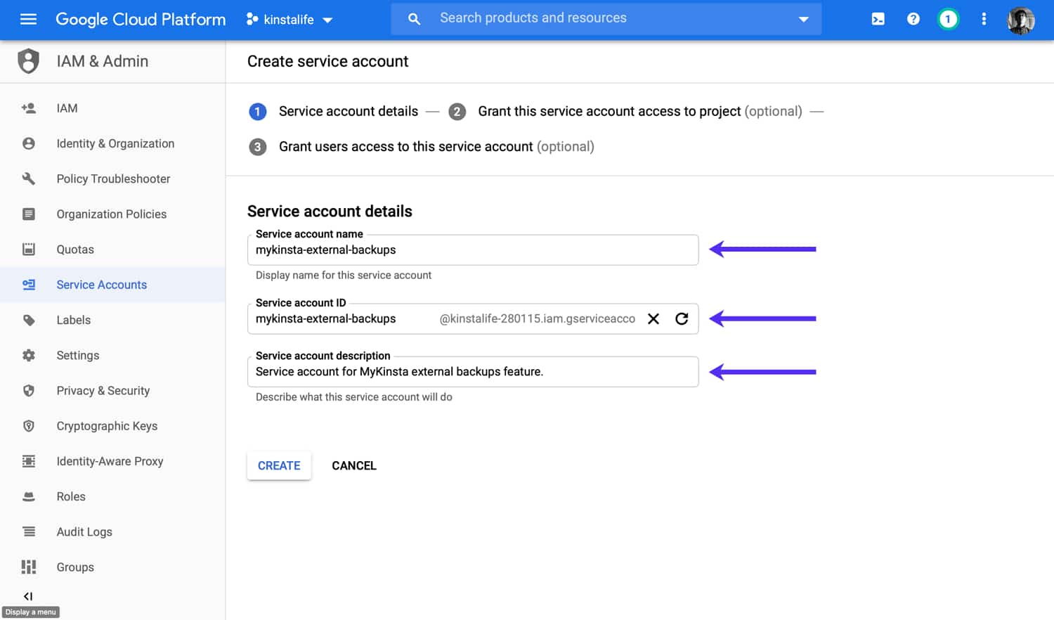 GCP service account name, ID, and description Name, ID und Beschreibung des GCP-Servicekontos.