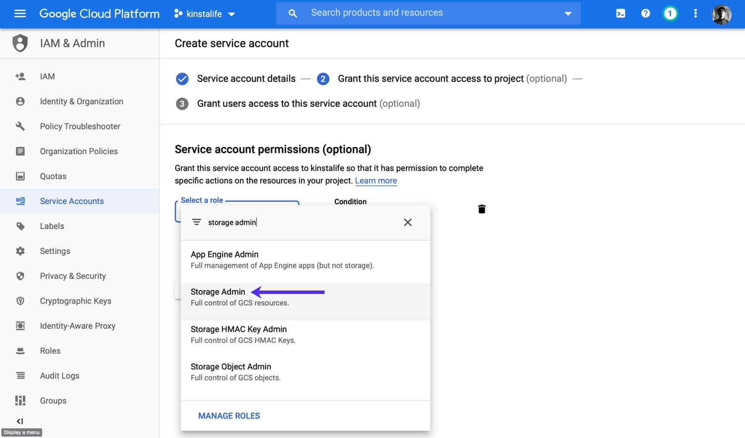 Add Storage Admin permissions to your service account. Füge deinem Dienstkonto die Berechtigung Storage Admin hinzu.