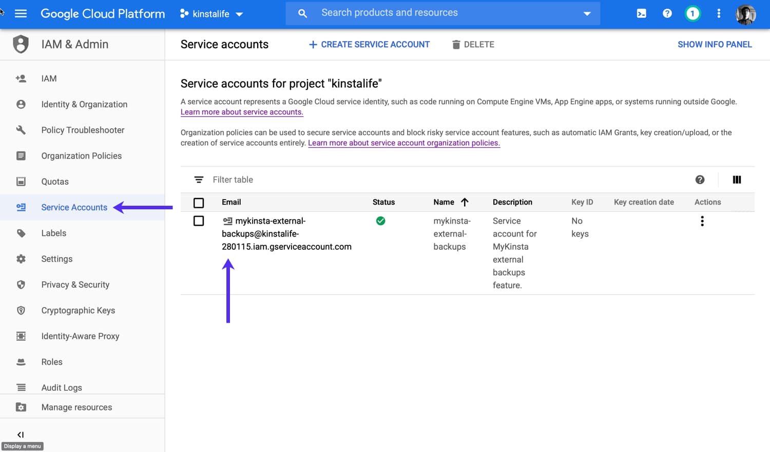 Navigate to your service account Navigiere zu deinem Servicekonto.