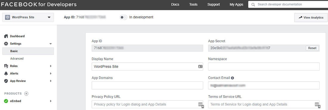 Facebook for Developers ‘App ID’ and ‘App Secret’