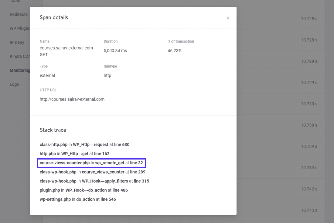 “Span details” en “Stack trace” van een span