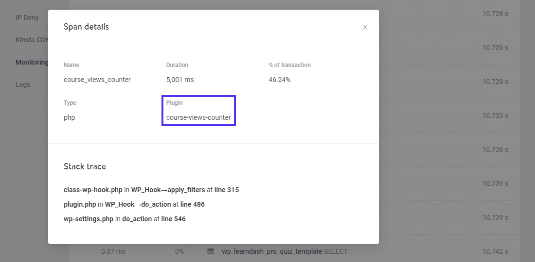  “Span details” en “Stack trace” van een andere span