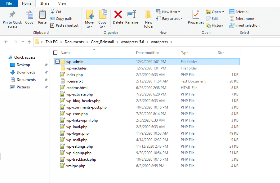 WordPress再インストール後のWordPressファイル構造