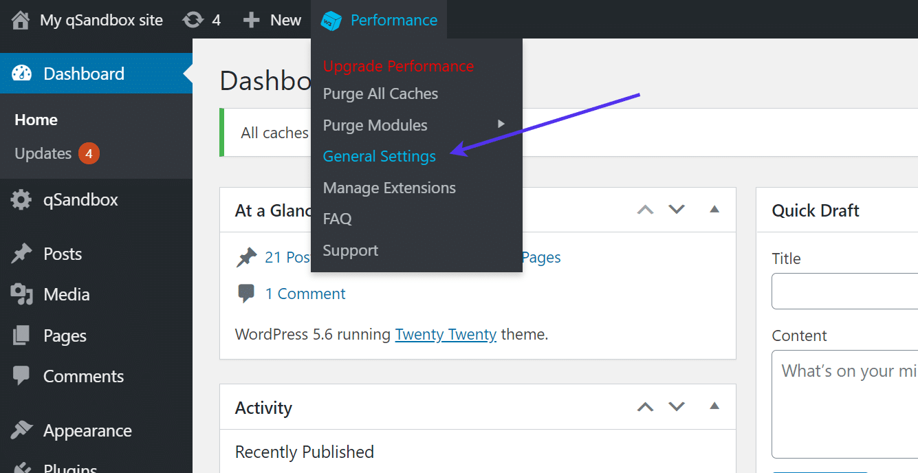 Link para Configurações Gerais no W3 Total Cache.