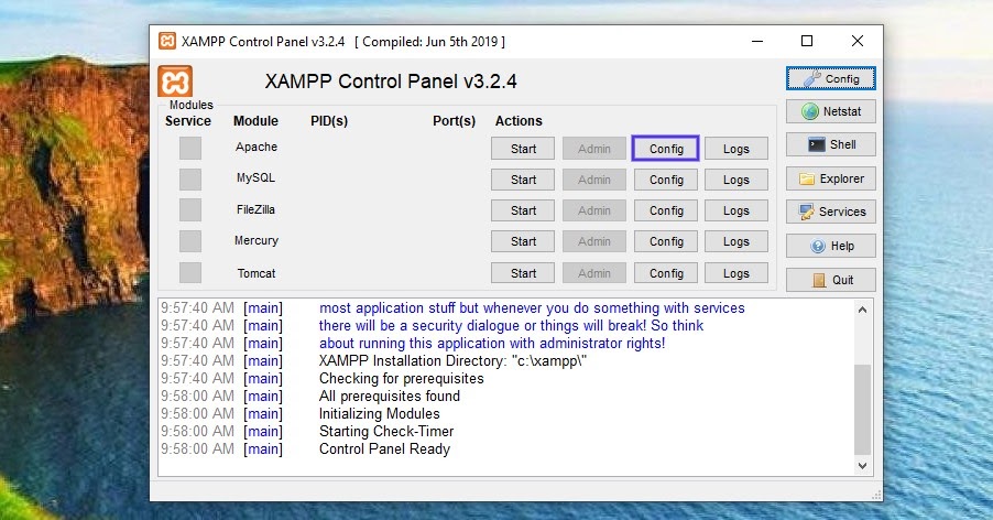 El panel de control de XAMPP en Windows.