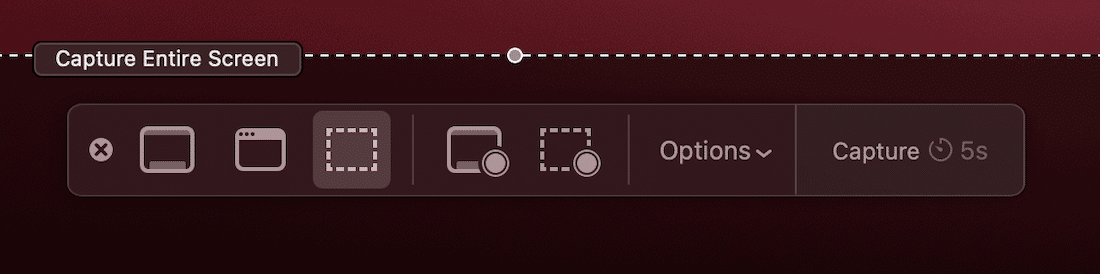 The fullscreen capture option in Screenshot.app. A opção de captura em tela cheia no Screenshot.app.