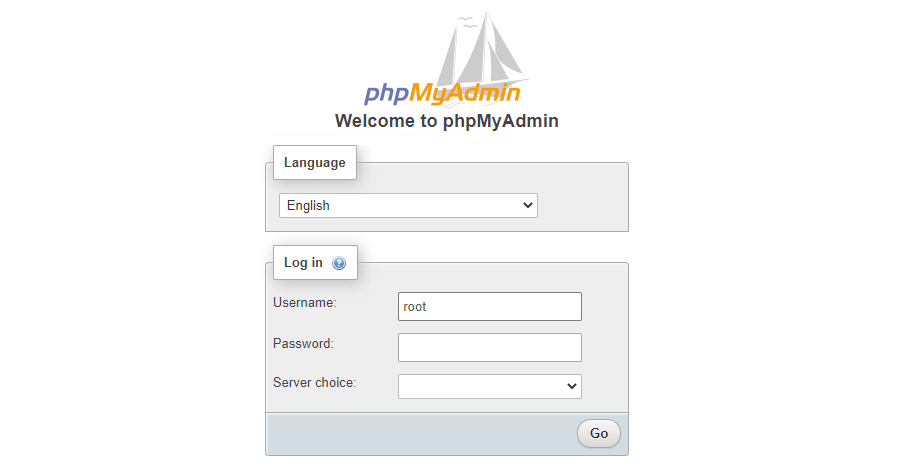 Schermata di login di phpMyAdmin