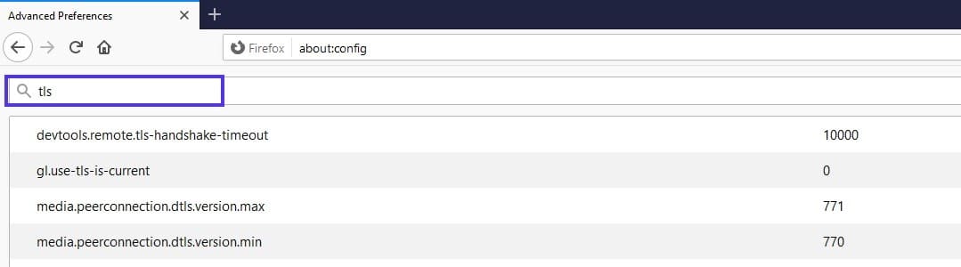 De zoekbalk in het Firefox Advanced Preferences scherm.