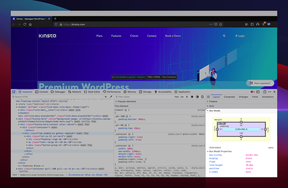 The Box Model panel within the Inspect Element tool. El panel