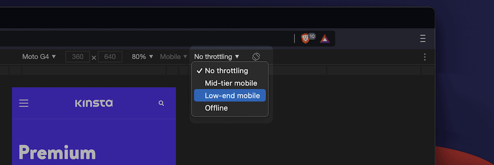 The throttling options in Brave. Las opciones de aceleración en Brave.