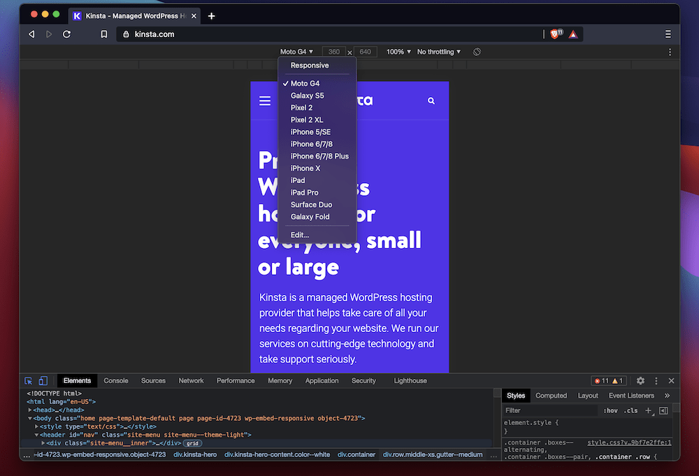 Choosing a device to emulate from the Inspect Element tool. Elección de un dispositivo para emular desde la herramienta Inspeccionar elemento.
