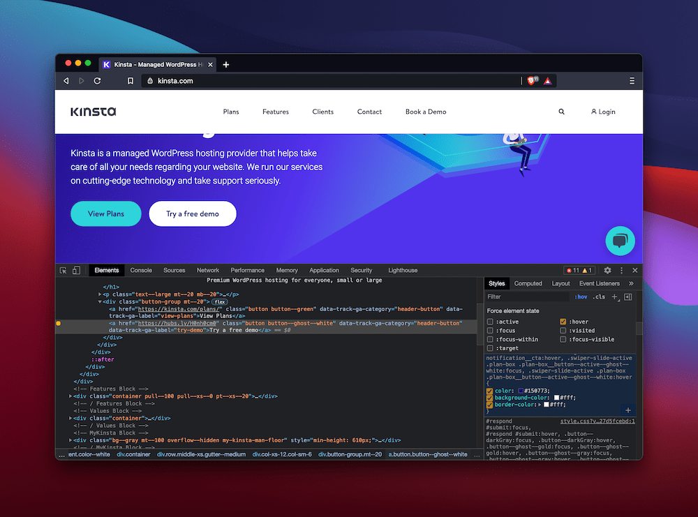 Changing hover state colors in the Styles panel. Cambiar los colores del estado hover en el panel de Estilos.