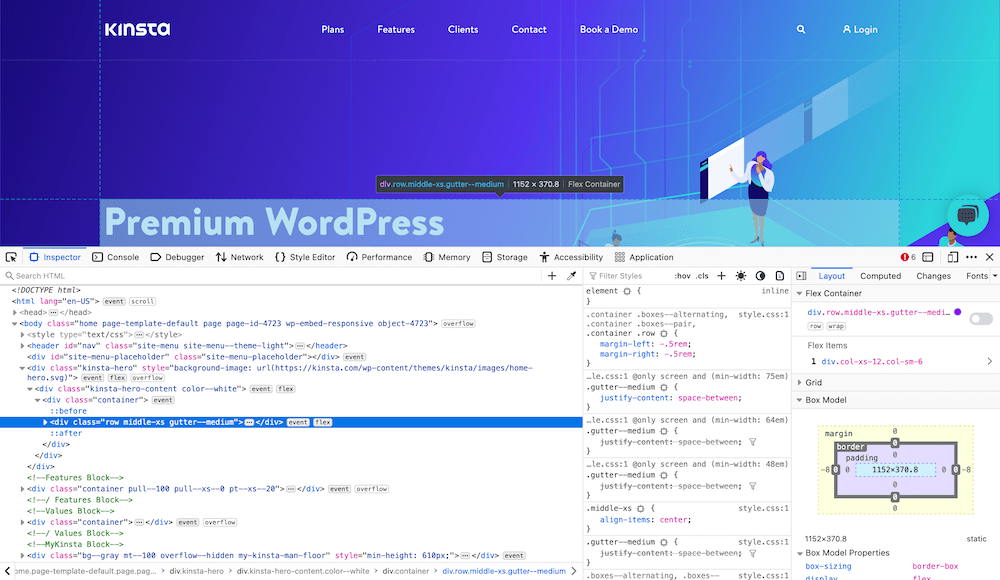 The Inspect Element tool used on the Kinsta website. La herramienta de inspección de elementos en el sitio web de Kinsta.