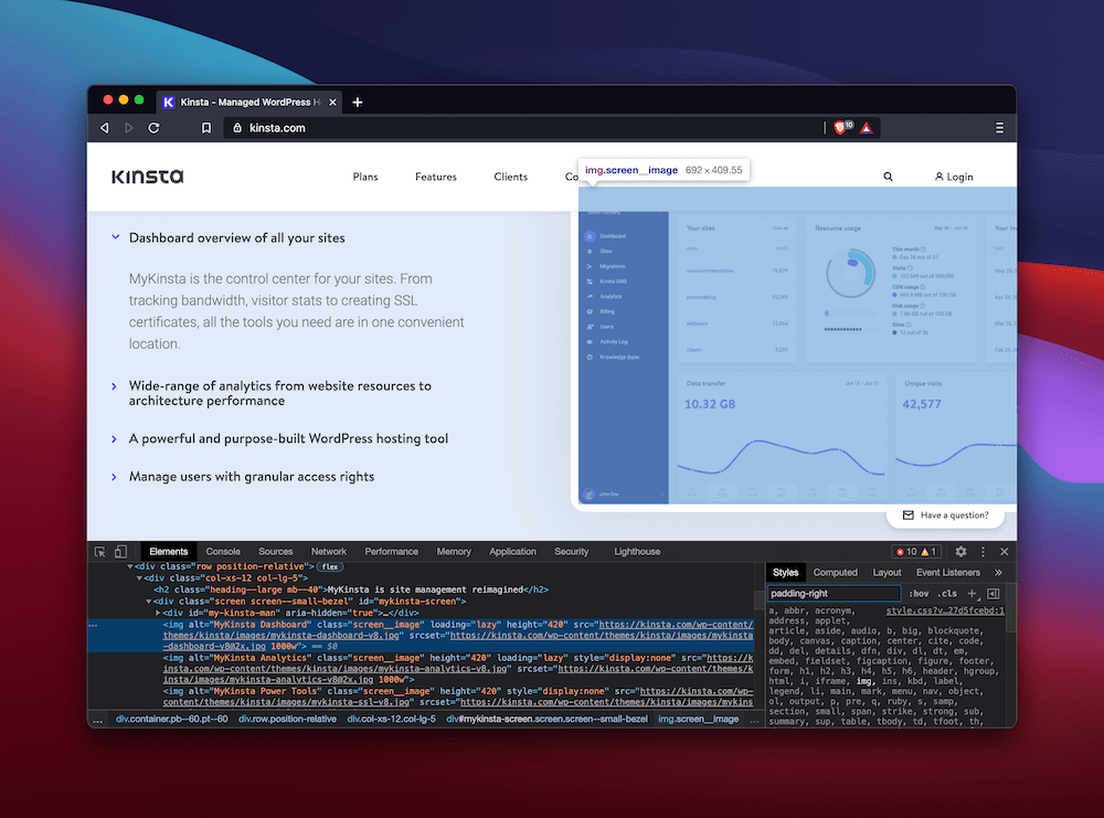 The MyKinsta dashboard on the Kinsta home page. El tablero de MyKinsta en la página de inicio de Kinsta.