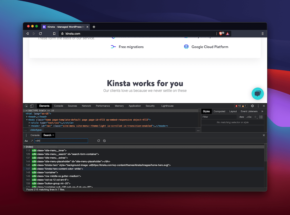 Searching for elements in Brave's DevTools. Búsqueda de elementos en las DevTools de Brave.