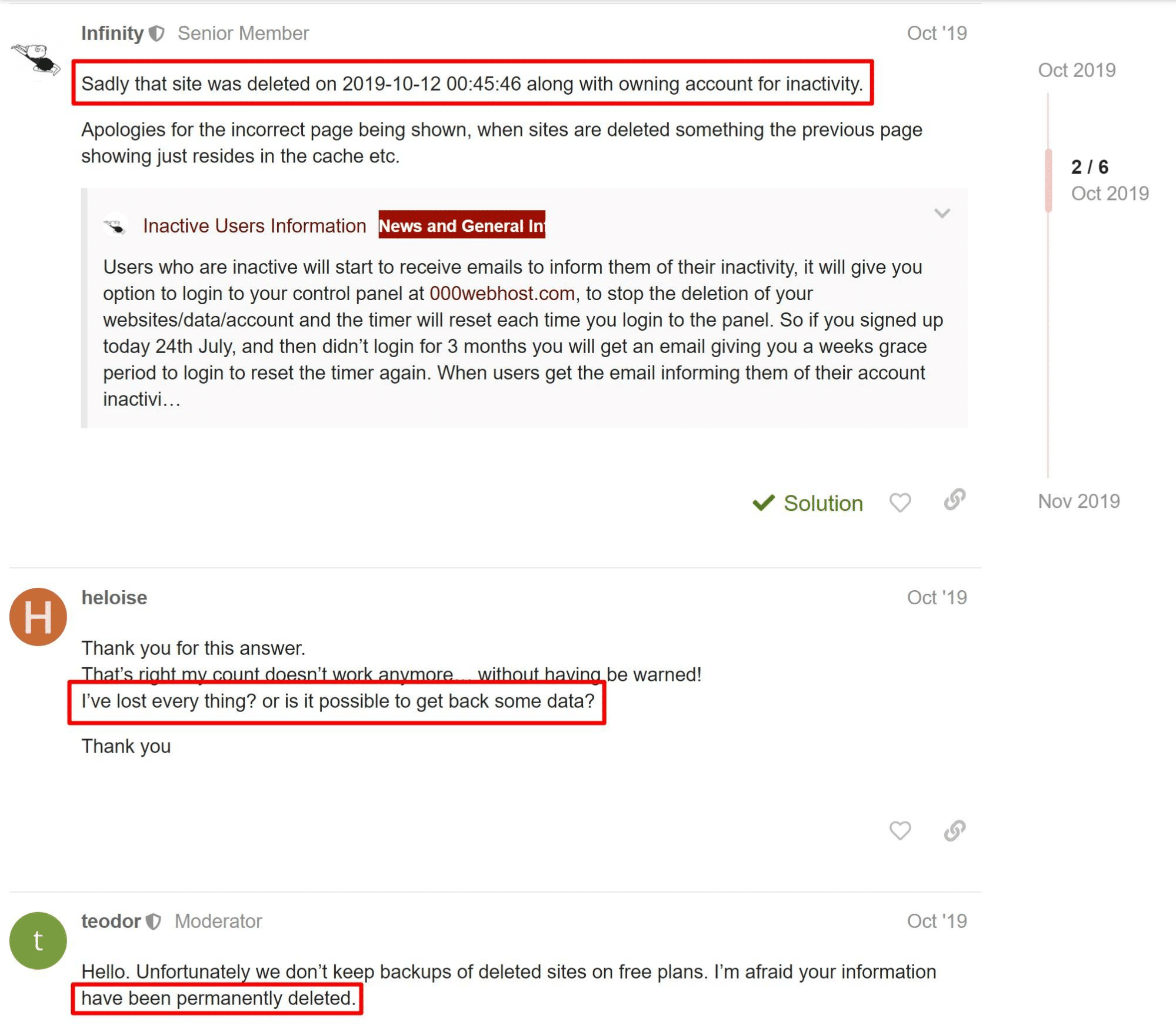 Screenshot dal forum di supporto di 000webhost che avvisa un utente che il suo sito è stato eliminato in modo permanente