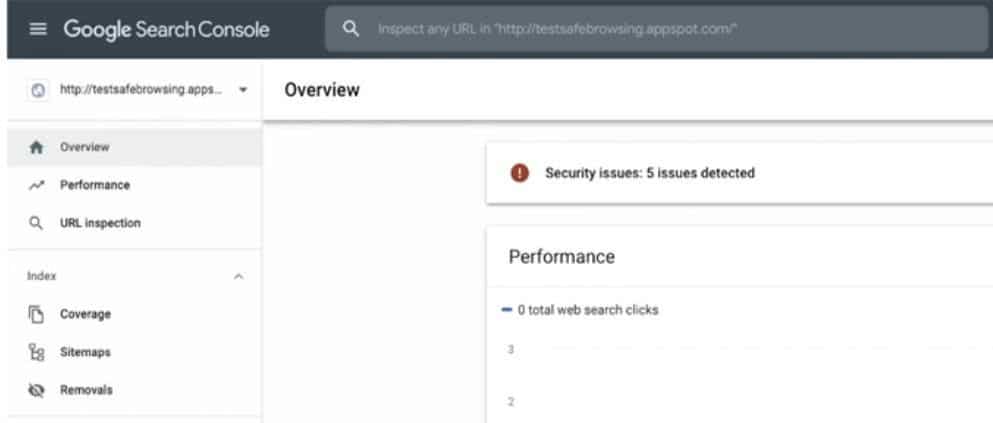 Google Search Console zeigt erkannte Sicherheitsprobleme an. 