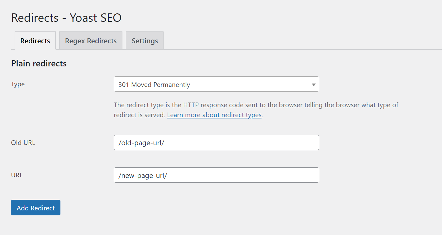La page des réglages de redirection de l'extension Yoast SEO Premium.