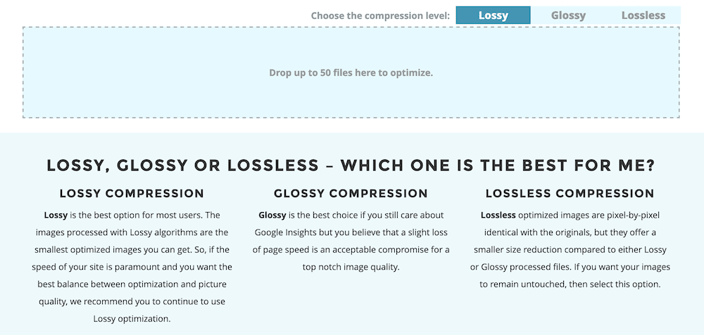 As opções de compressões dentro do ShortPixel