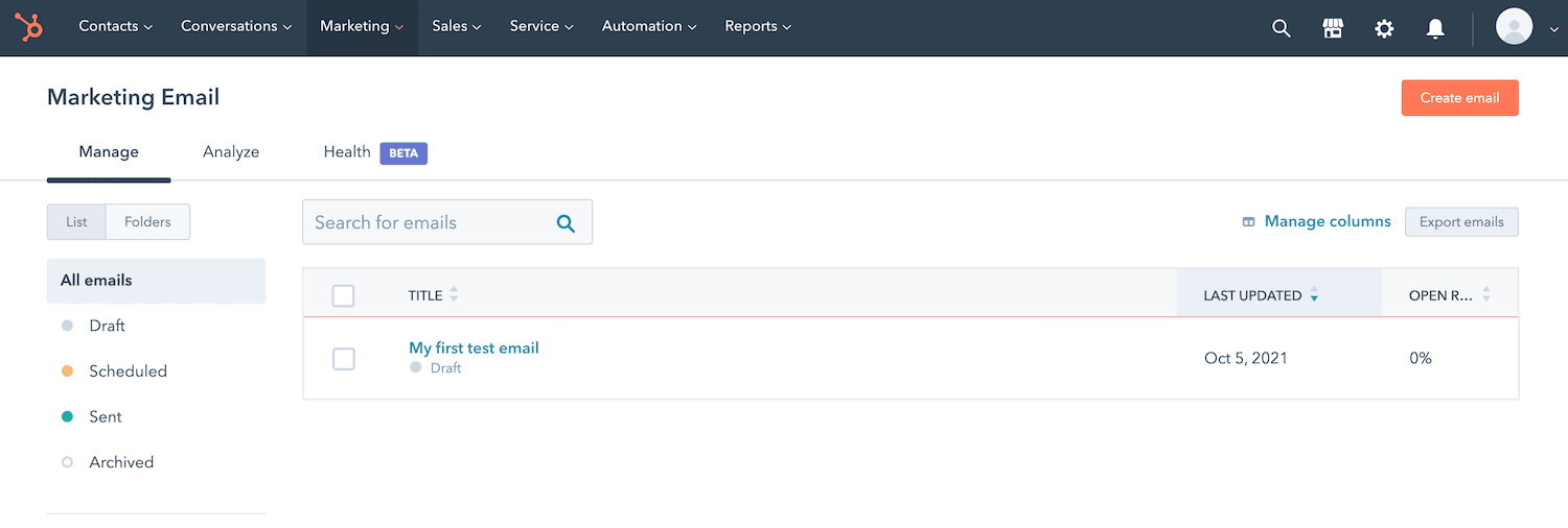 Navigate to Marketing and then Email in HubSpot