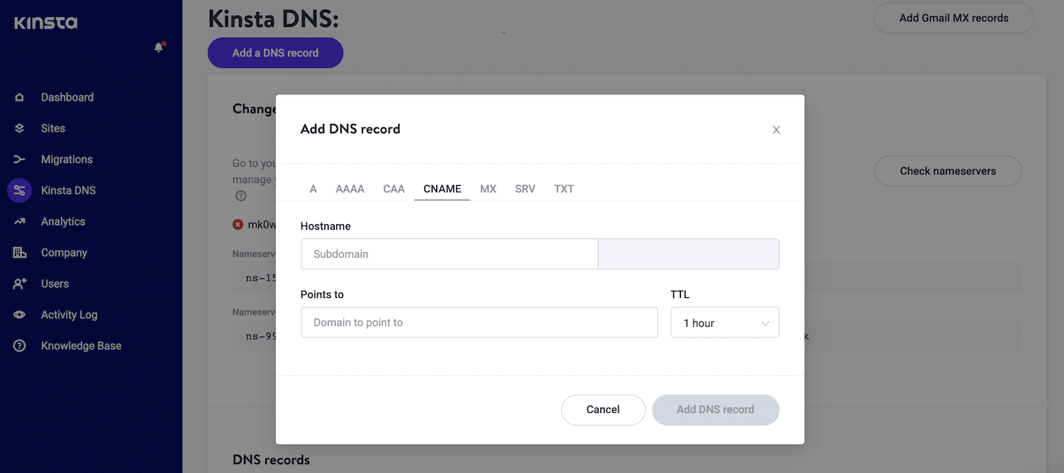 Select the CNAME tab