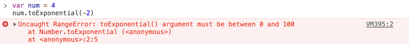 The error “Uncaught RangeError: toExponential() argument must be between 0 and 100” is shown on a red background beside a red cross icon with a toExponential() function call above it.