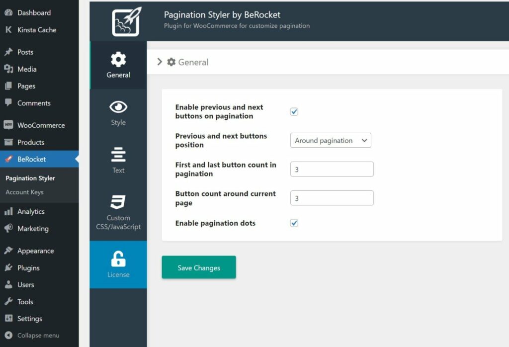 La zone de réglages de Pagination Styler pour WooCommerce.