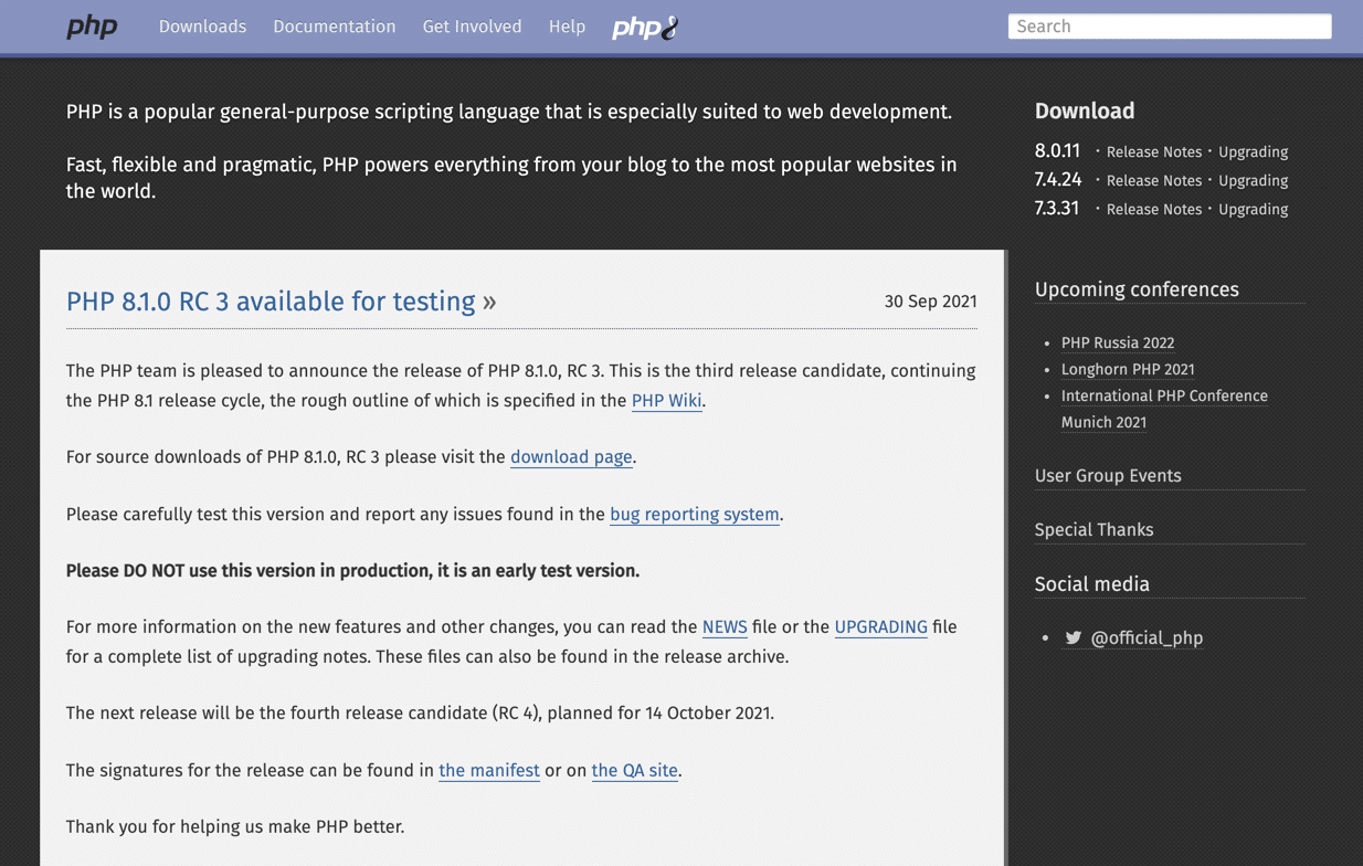 Each programming language has its own website where you can find downloads, documentation, communities, and learning modules, much like the one shown for the backend PHP language
