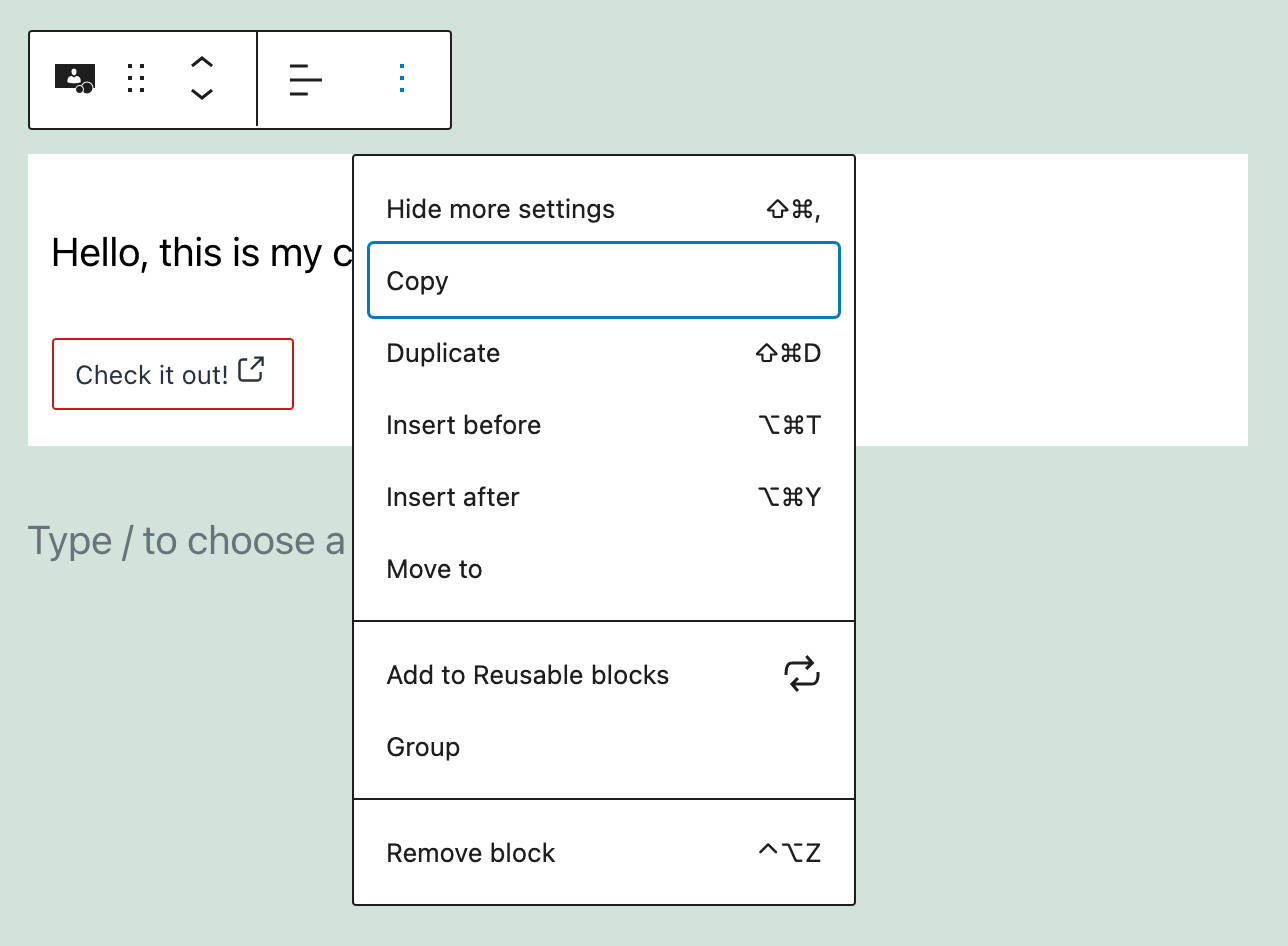 Ein benutzerdefinierter Block mit einer normalen Symbolleiste