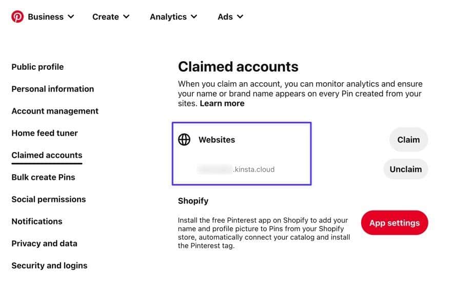 Die verifizierte Webseite wird unter dem Abschnitt 