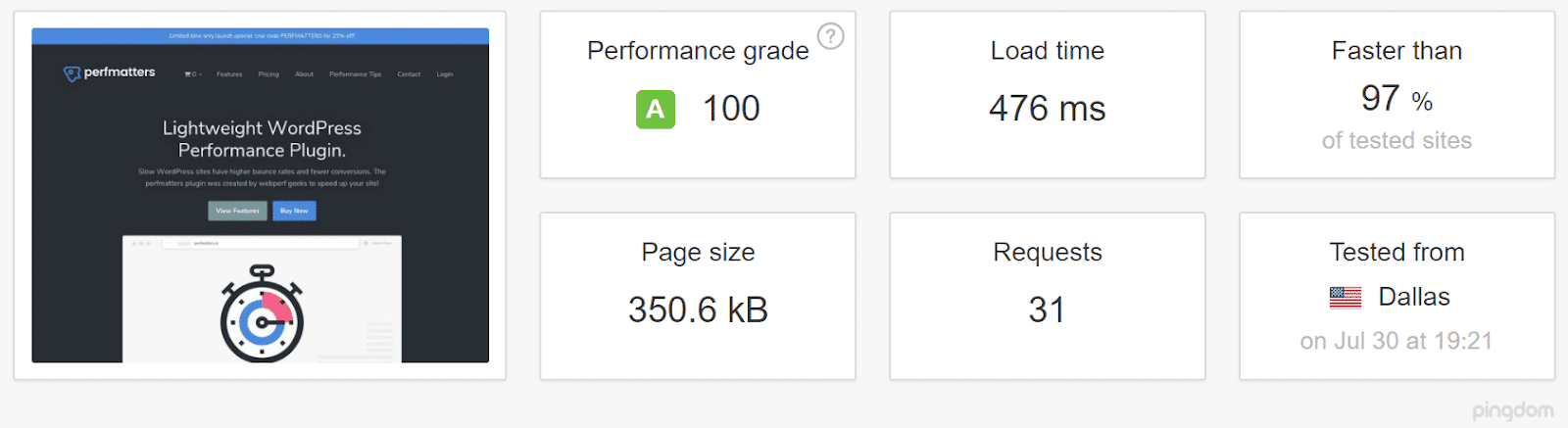 Teste com Kinsta CDN usando um servidor Dallas (fonte: Pingdom)