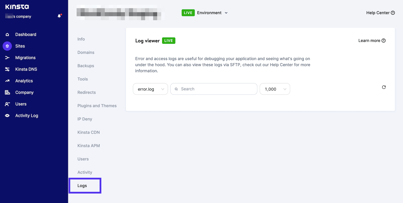 Click op sites dan op logs in MyKinsta
