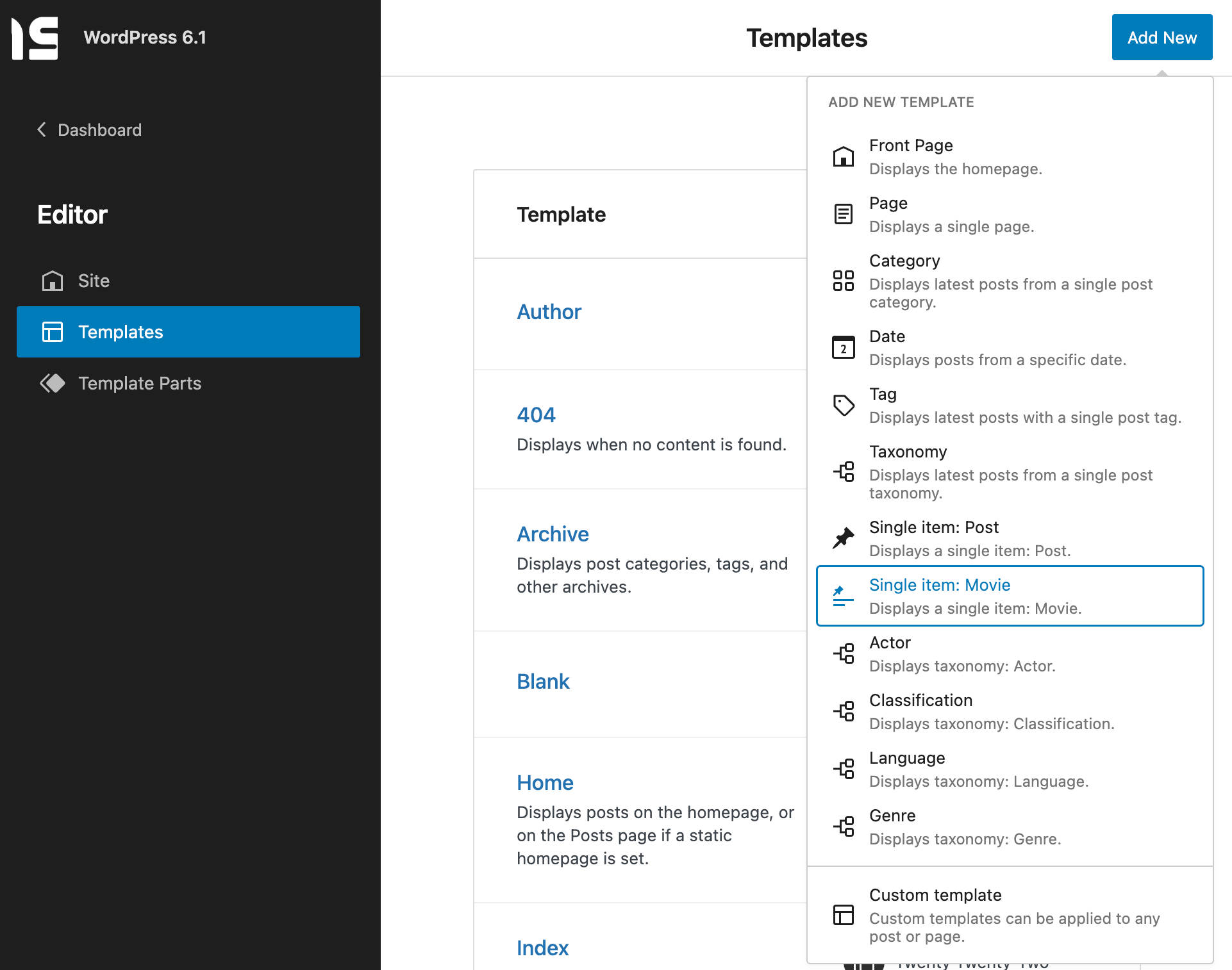 Uma lista de tipos de templates disponíveis no WordPress 6.1