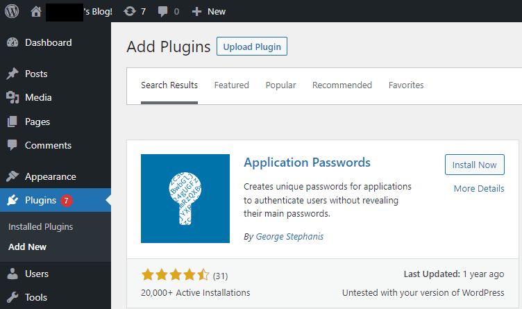 Installing and activating WordPress Application Passwords plugin.