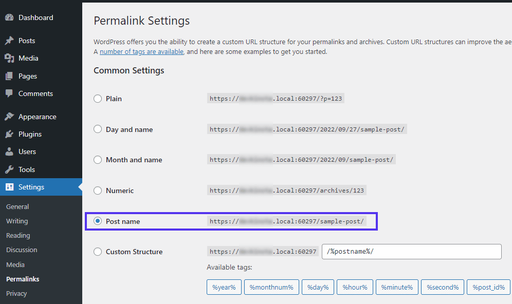 Changing WordPress permalink settings.