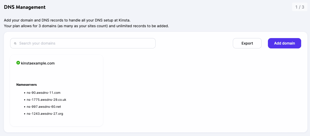 I server dei nomi Amazon Route 53 di Kinsta in MyKinsta.
