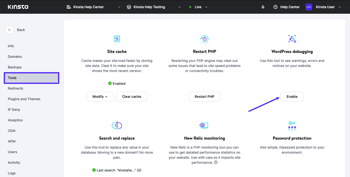 WordPress debugmodus inschakelen in MyKinsta. WordPress debugmodus inschakelen in MyKinsta.