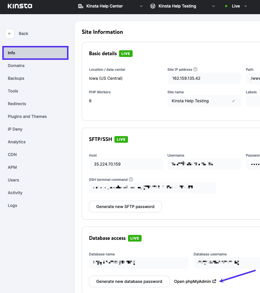 Iniciar phpMyAdmin desde MyKinsta.