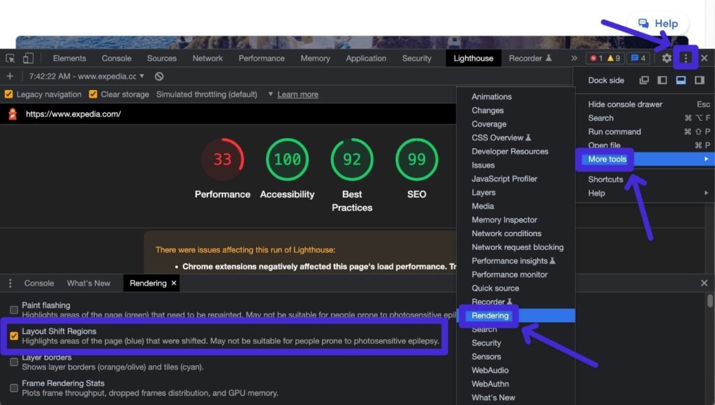 How to view CLS rendering in Developer Tools.