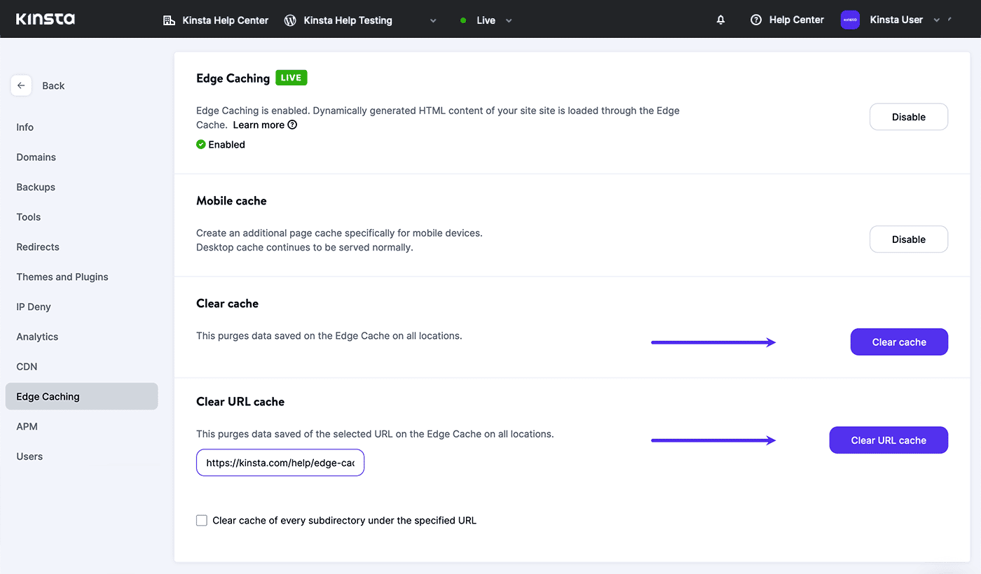 Vider les caches edge dans le tableau de bord MyKinsta.