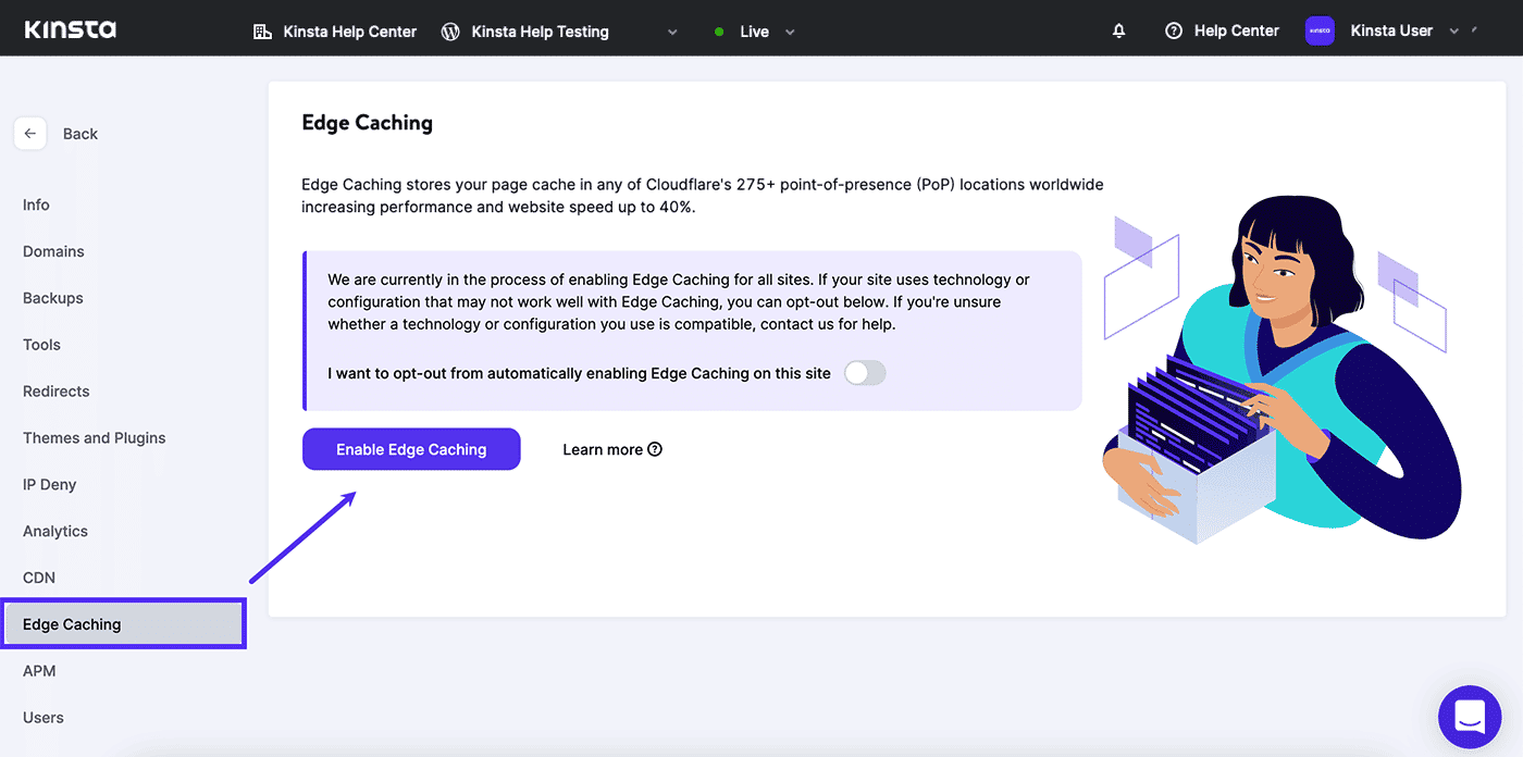 Activer le cache Edge dans le tableau de bord MyKinsta.