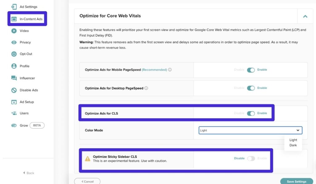Mediavine Optimize Ads for CLS setting.