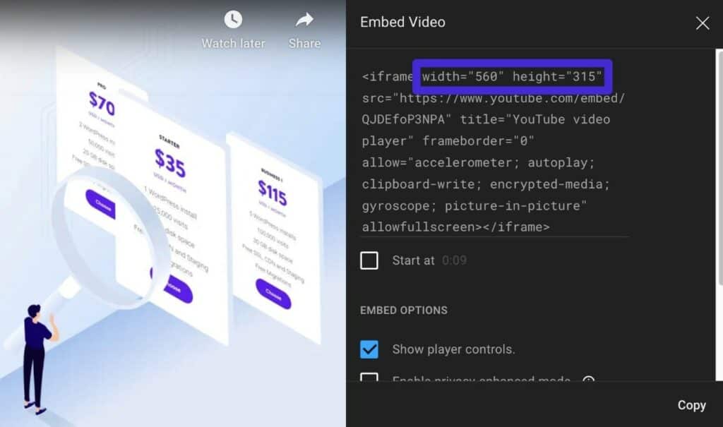 An example of iframe dimensions in the embed code.