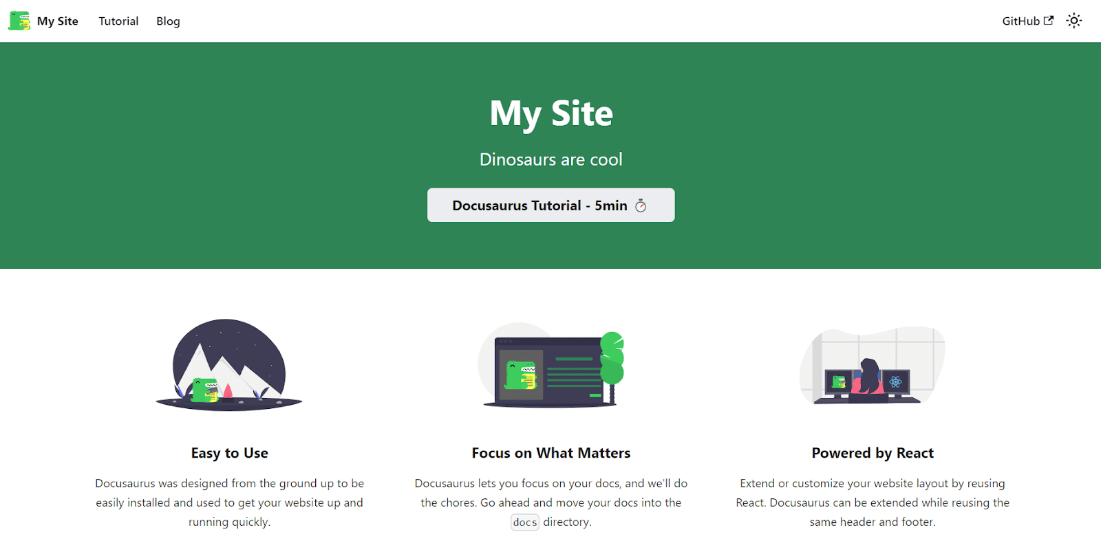 La página de inicio de Docusaurus desplegada, en cuya parte superior hay un banner verde con el titular 